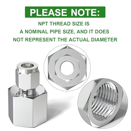 TAISHER 2PCS 304 Stainless Steel Compression Tube Pipe Fitting Connector, 3/8" Tube OD x 1/2" NPT Female Straight Adapter - size: 3/8" OD x 1/2" FNPT