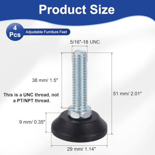 uxcell 5/16"-18 Thread Furniture Feet Levelers, 4Pcs 38mm l Adjustable Furniture Feet Screw in Threaded Leveling Leg Screw on Chair Foot Glides Leveling for Table Chair Cabinet Black - size: 5/16"-18 38mm
