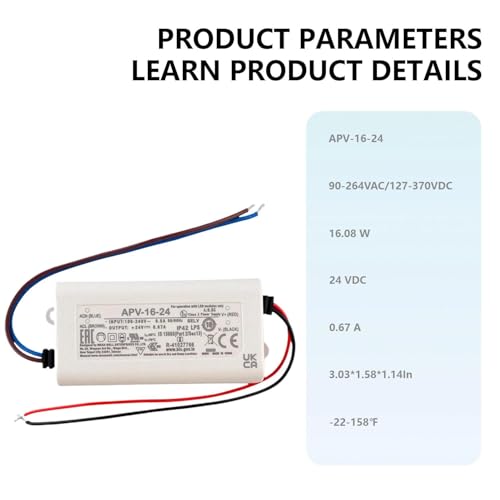 APV-16-24 24V 16.08W Switching Power Supply for LED Lighting and Decoration, 0.67A Output, 90-264VAC Input, IP42 Protection
