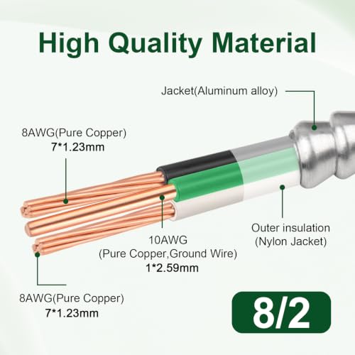 8/2 MC Cable 10 FT, Interlocking Aluminum Armored Electrical Wire with Ground Metal Clad THHN/THWN 8 Gauge Stranded Copper Conductors 600V 90°C Dry Rated for Building Wiring UL Listed - color: 10 FT, size: 8AWG/2