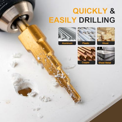 Step Drill Bit Set, 3PCS HSS Titanium Coated High Speed Steel Step Bits Covering 28 Sizes (1/8"-3/4") for Wood, Plastic, Sheet Metal with Portable Bag, Nice Gift for DIY Lovers - style: 3PCS Step Drill Bits Straight