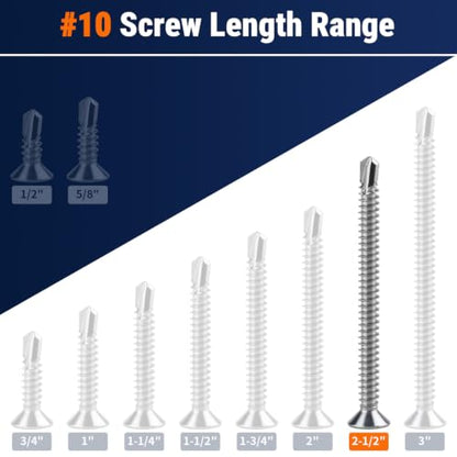 #10 x 2-1/2" Phillips Flat Head Sheet Metal Screws, Stainless Steel 410 Self Drilling Screws for Metal, Countersunk Head, Phillips Drive, Self Tapping, 50 Pack - size: #10 x 2-1/2"