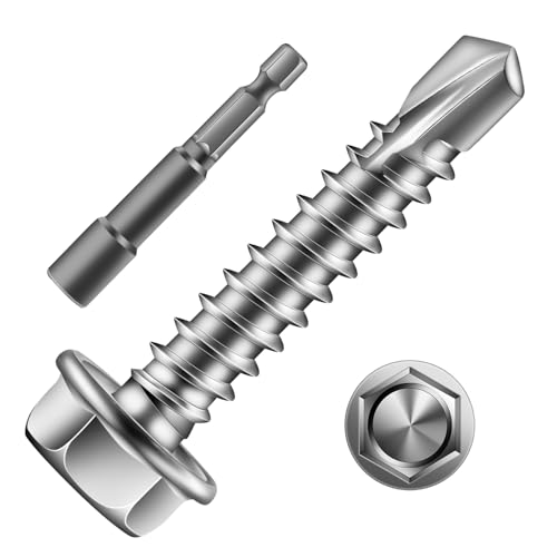 #8 x 1 Inch Self Drilling Screws (184Pcs) Hex Washer Head 410 Stainless Steel Self Tapping Screws for Metal Sheet Metal Screws with Hex Socket Included - color: Silver, size: #8 x 1"