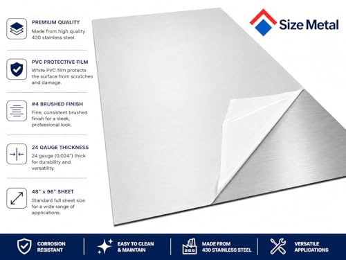 Quality Stainless Steel Sheet, 430 (Magnetic) No. 4 24Ga x 48" x 96", Perfect for Restaurants, Food Trucks, Hospitals, Backsplash, Residential, Commercial Etc. - 1 PC