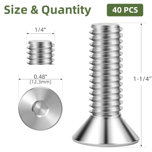 40 PCS 1/4"-20 x 1-1/4" Flat Head Socket Cap Screws Bolts, Countersunk Allen Bolts, Stainless Steel 304, Full Thread, Bright Finish, Screwdriver Included - color: Silver, size: 1/4"-20 x 1-1/4"