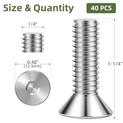 40 PCS 1/4"-20 x 1-1/4" Flat Head Socket Cap Screws Bolts, Countersunk Allen Bolts, Stainless Steel 304, Full Thread, Bright Finish, Screwdriver Included - color: Silver, size: 1/4"-20 x 1-1/4"