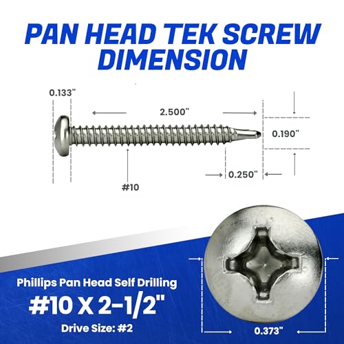 Fastenere Pan Head Self Drilling Tek Screws -#10 x 2-1/2" (50 Pack) Stainless Steel 410, Full Thread, Bright Plain Finish, Corrosion-Resistant, Self-Drilling, Easy to Install w/Phillips Drive Size #2 - size: #10 x 2-1/2" (50 Pack)