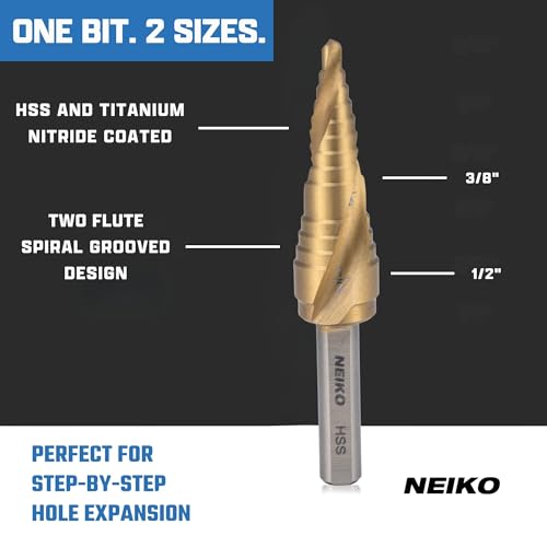 NEIKO 10615A Step Drill Bit, 2 Steps 3/8" to 1/2" Spiral High Speed Steel, Titanium Nitride Coated, 1/4" Tri Flat Step Bits for Steel, Metal, Wood, Plastic, Unibit Cone Drill Bits, Two Flute - size: #6 (3/8 - 1/2", 2S), style: Spiral