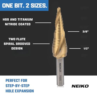 NEIKO 10615A Step Drill Bit, 2 Steps 3/8" to 1/2" Spiral High Speed Steel, Titanium Nitride Coated, 1/4" Tri Flat Step Bits for Steel, Metal, Wood, Plastic, Unibit Cone Drill Bits, Two Flute - size: #6 (3/8 - 1/2", 2S), style: Spiral