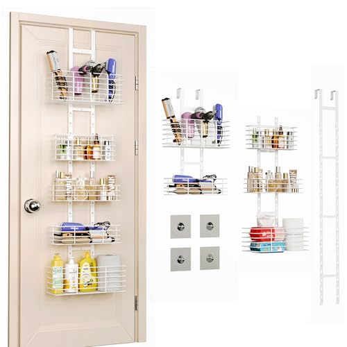 Yuyetuyo 5-Tier Over The Door Organizer Bathroom Shelves Hair Tool Organizer - Hair Dryer Holder Adjustable Height, DIY Bathroom Storage Shelf Wall Mounted Behind The Door Storage - color: White, size: 5-Tier