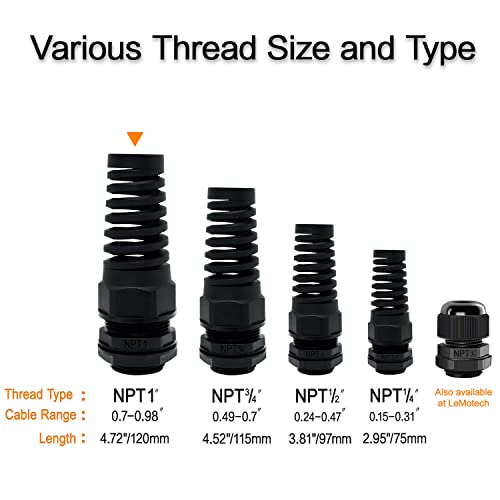 LeMotech 2Pcs NPT 1" IP68 Waterproof Cable Gland Flex Spiral Strain Relief Black Nylon Joint with Gaskets for 18-25mm Wire Thread - color: Black, size: NPT 1" (2-Pack)