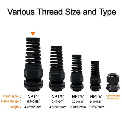 LeMotech 2Pcs NPT 1" IP68 Waterproof Cable Gland Flex Spiral Strain Relief Black Nylon Joint with Gaskets for 18-25mm Wire Thread - color: Black, size: NPT 1" (2-Pack)