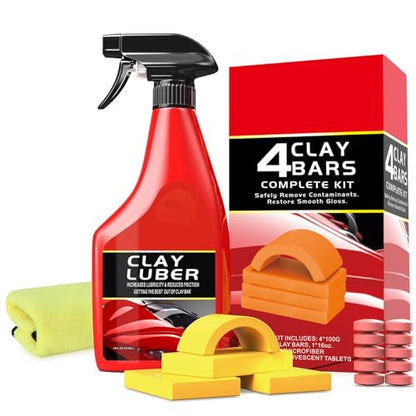 Car Clay Bar Kit - 4 Bars with Clay Luber Lubricant Spray & Applicator Grip - Professional Auto Detailing to Remove Contaminants, Restore Smooth Finish for Paint, Glass, Wheels & Plastic