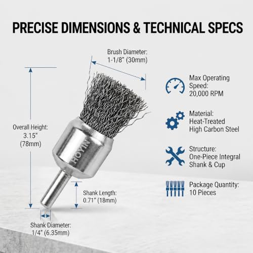 HOYIN 10 Pack 1-1/8" Crimped Wire End Brush 20000RPM 1/4" Shank