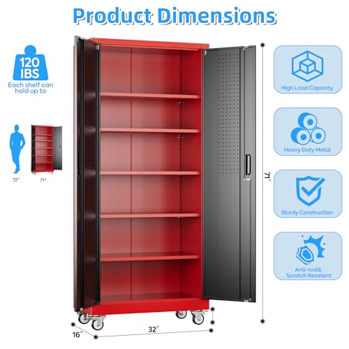 Reemoon 71"H Metal Garage Storage Cabinet,Tool Cabinet with Wheels,Pegboard - color: Red-black, size: 16"D x 32"W x 71"H