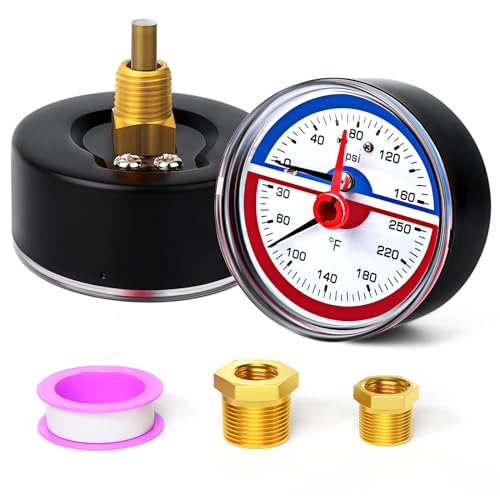 MEANLIN MEASURE 0-160Psi Thermal Pressure Gauge,0-250℉ 1/4" NPT 2.5" FACE DIAL, Boiler Temperature Pressure Gauge with Reset Pointer, with 1/2" NPT and 3/8" NPT Hex Bushing, Back Mount - size: Back Mount, style: Dry