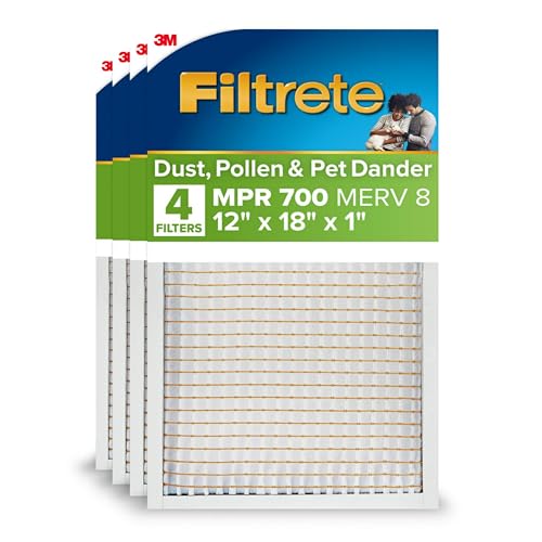 Filtrete 12x18x1 AC Furnace Air Filter, MPR 700, MERV 8, Tough on Pollen, Easy on Airflow, 3-Month Pleated 1-Inch Electrostatic Air Cleaning Filter, 4-Pack (Actual Size 11.81 x 17.81 x 0.81 in) - size: 12x18x1