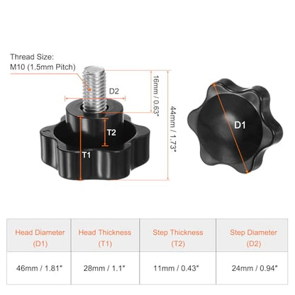 HARFINGTON 2pcs Star Knobs M10 x 16mm 304 Stainless Steel Threaded Stud 46mm Plastic 6-Star Head Hand Tightening Thumb Screw Clamping Jig Knob Handle, Black - size: M10 x 16mm x 46mm