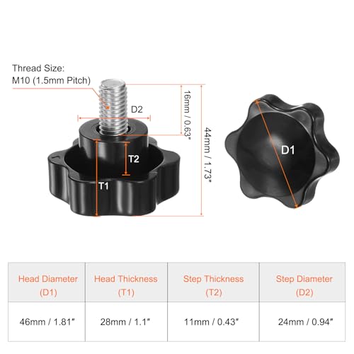 HARFINGTON 2pcs Star Knobs M10 x 16mm 304 Stainless Steel Threaded Stud 46mm Plastic 6-Star Head Hand Tightening Thumb Screw Clamping Jig Knob Handle, Black - size: M10 x 16mm x 46mm