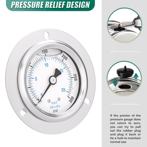 0-300PSI Panel Mount Front Flanged Glycerin Filled Pressure Gauge, 2.5" Dial Size, 1/4" MNPT Back Mount, Stainless Steel Case, with Phillips Screw and Nut, for Water, Gas, Liquid Pressure - color: Liquid Filled - Stainless Steel Case, size: 0-300PSI