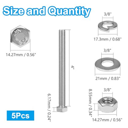 MroMax 5 Sets 3/8-16 x 4 Hex Head Screw Bolt, Nuts, Flat Washer & Spring Lock Washers Kits,Fully Threaded, Stainless Steel 18-8（304）, Bright Finish - size: 3/8-16 × 4" (5 Sets)