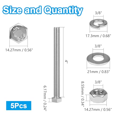 MroMax 5 Sets 3/8-16 x 4 Hex Head Screw Bolt, Nuts, Flat Washer & Spring Lock Washers Kits,Fully Threaded, Stainless Steel 18-8（304）, Bright Finish - size: 3/8-16 × 4" (5 Sets)