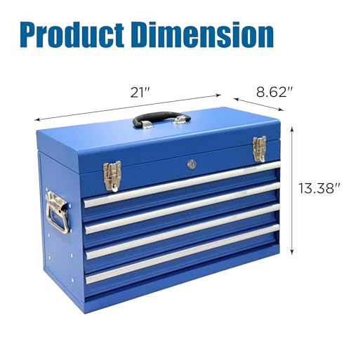 Heavy Duty Metal Tool Box, 21-inch, Portable Metal Tool Box with 4 Drawers, Small Tool Chest with EVA Liners, Ball Bearing Slide Drawers Locking & Powder Coated Finish, Multi-Function Tool Organizer - color: Tool Box-blue