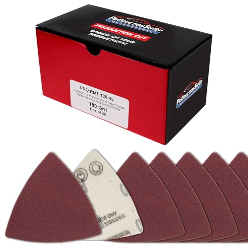 ProductionShop Premium 180 Grit Triangle Mouse Detail Sander Sandpaper Sheets, Box of 45 - Hook & Loop, Triangular Shaped Mouse Disc Pads - Oscillating Multi-Tools - Woodworking, Sand Furniture Paint - style: 180 Grit