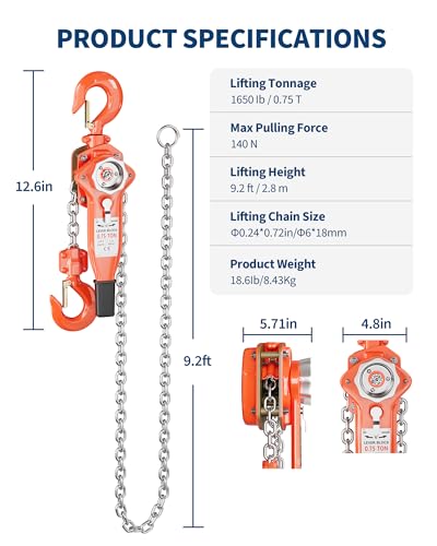 3/4 Ton Lever Chain Hoist, 1650 Lbs 10 ft Manual Ratchet Come Along - size: 3/4 Ton 10 FT