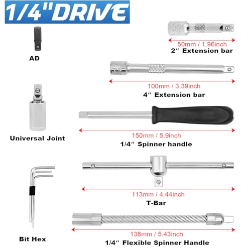 53 Pieces 1/4 inch Drive Socket Ratchet Wrench Set, with Bit Socket Set Metric and Extension Bar for Auto Repairing and Household, with Storage Case,with 72 Tooth Reversible Ratchets