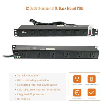 Tecmojo 1U Rackmount Network-Grade PDU, 12 Wide-Spaced Right Angle Outlets, Circuit Breaker 12A (UL Certified 12A) 6ft Cord w/ 5-15P Plug, Black(SKU# 13111201) - size: 12 Outlets/12A/Overloading Protection