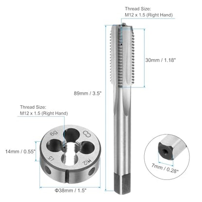 uxcell 3pcs Metric Hand Tap and Die Set, M12 x 1.5 Taper/Plug Thread Taps & Round Die, Hand Threading Tapping Tool Kit for Thread Repair - size: M12 x 1.5