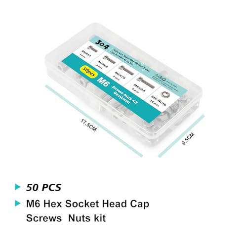 50PCS M6 x 50mm 60mm 70mm 80mm, Hex Socket Head Cap Screws Bolts Nuts Kit, Stainless Steel 304, Metric Allen Drive, Fully Threaded - size: Socket M6x50/60/70/80mm