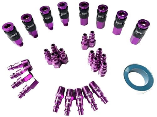 SANFU Air Hose Fittings, Aluminum AMT Universal Air Coupler and I/M Industrial Type Air Plug Kit, 1/4 Inch Threads Size, 1/4 Inch Body Size, 29 Pieces Air Compressor Accessories Fittings Kit(Purple) - style: 29PCS KITS