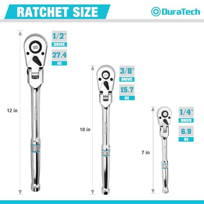 DURATECH 3-Piece Flex-Head Ratchet, 90-Tooth Quick-Release Ratchet Wrench - size: Combo Kit(Polished)