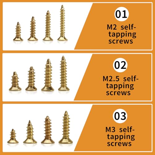 1300 Pcs Wood Screws Kit - M2 M2.5 M3 Flat Head Self-Tapping Screws - color: gold