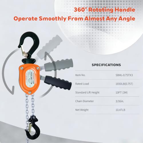 Lever Chain Hoist, G80 Load Chain, 10 ft Lift, 1650 lb (3/4 Ton) - size: 1,650 lb (0.75 MT)