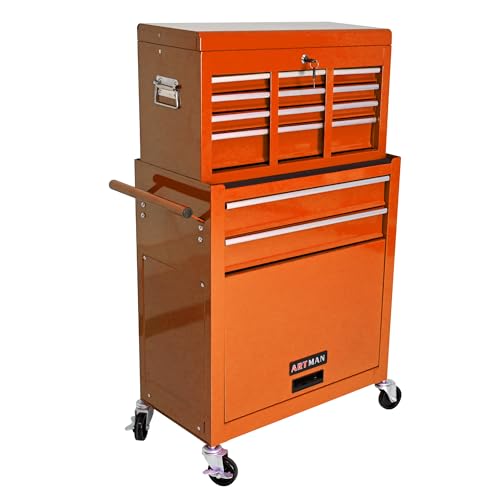 Orange Heavy Duty 8-Drawer Tool Chest w/Ball Bearing Drawers, Central Locking & 4 Wheels (2 Brakes) - Professional Rolling Garage Cabinet - color: Orange, size: 24.2 x 13 x 42.8