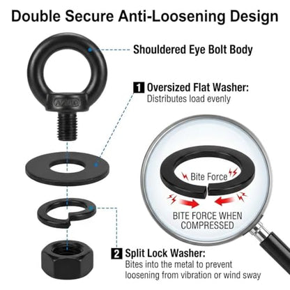 6 Pack M10 x 1" T316 Stainless Steel Eye Bolts with Nuts, Black Shouldered Lifting Eye Bolt Kit with Lock Washers (Approx 3/8" Thread Diameter), Heavy Duty Tie Down Anchor for Thick Wood - size: M10 x 1''