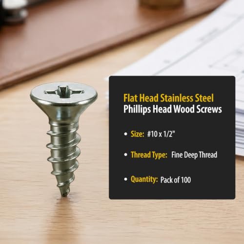 BCP Fasteners #10 x 1/2" Stainless Steel Flat Head Wood Screws, 100 Pack - size: #10 x 1/2"