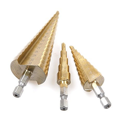 3 Pcs Hex Shank HSS Titanium Coated Step Drill Bits Set for DIY Woodworking Tool,4-/12/20/32mm - style: Hex Shank