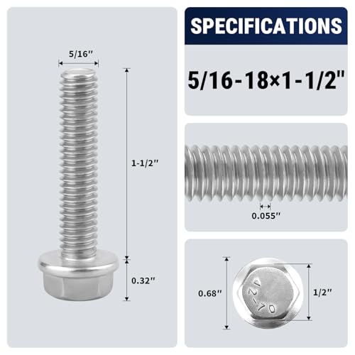 5/16-18 x 1-1/2" Flange Hex Bolts, 304 Stainless Steel 18-8, A2-70 Grade, Non-Serrated Flange Bolts for Automotive Repair, Fully Threaded, 12 Pcs - size: 5/16-18 x 1-1/2