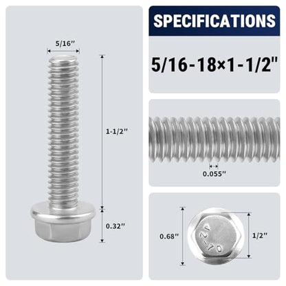 5/16-18 x 1-1/2" Flange Hex Bolts, 304 Stainless Steel 18-8, A2-70 Grade, Non-Serrated Flange Bolts for Automotive Repair, Fully Threaded, 12 Pcs - size: 5/16-18 x 1-1/2