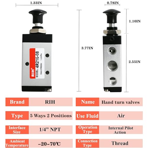 RIH 5 Way 2 Postion Air Valve Air Hand Lever Operated Valve Pneumatic Solenoid Valve Manual Control Push Pull Valves 4R210-08 (1/4"NPT) - style: 5 Way 2 Postion