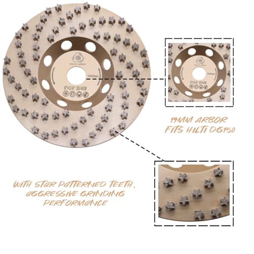6" ComeFloor Diamond Grinding Cup Wheel for Concrete & Masonry, 77 Aggressive Star Segments, 30/40 Grit, 19mm Arbor Hilti DG150 - style: 6"19mm arbor