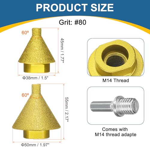 HARFINGTON Diamond Beveling Chamfer Bits Set 0-1.5" 0-2" Dia M14 Thread with Adapter, Countersink Drill Bit to Enlarge Holes for Porcelain Tile, Marble, Ceramic, Glass, Stones