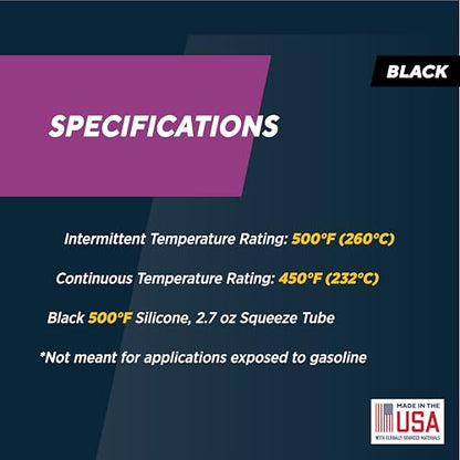 Rutland Black High Temp Silicone Sealant RTV Gasket Maker - Heat Resistant Glue & Black RTV Silicone Sealant Adhesive, Gasket Sealer 500F