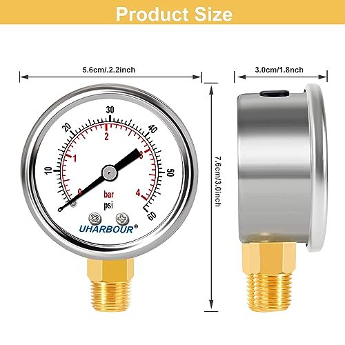 UHARBOUR Lead-Free Water Pressure Gauge 60 Psi, 2" Dial 1/4" NPT - size: 60PSI Lead Free