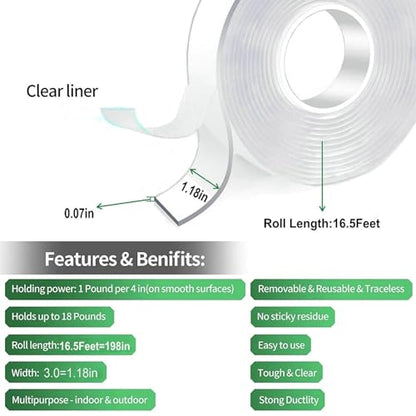 Jwxstore Extra Large Double Sided Tape Heavy Duty Removable 1.18 Inch x 196 Inch, Clear & Tough Nano Tape, Multipurpose Mounting Tape Picture Hanging Strips Adhesive for Carpet Poster (Pack of 2) - size: 1.18 Inch x 196 Inch (Pack of 2)