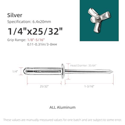 50Pcs Trifold Aluminum Exploding Blind Rivets, Silver, 1/4"x25/32" - color: Silver, size: 1/4"x25/32"